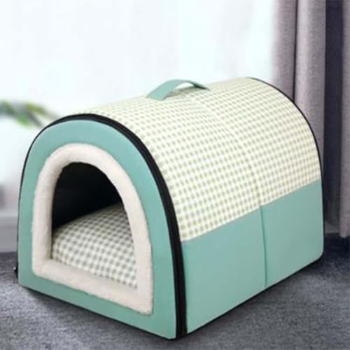 Hundebett für den Innenbereich, 2-in-1, faltbar, Katzen-Iglu-Betten mit Anti-Angst-abnehmbarem Kissen, Welpen, beruhigende Hundehütte, wasserdicht, warme Katzenhöhle (70 x 55 x 45 cm, grün) von Mozzeilee