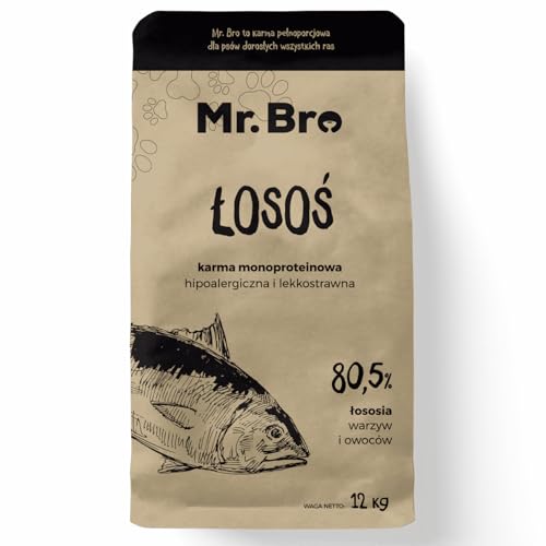 MR. BRO Vollwertige Hundefutter mit Lachs Monoprotein Getreidefrei Ohne Huhn Für Erwachsene Hunde Hohe Fleischqualität Omega-3 Natürliche Zutaten Ohne Zusatzstoffe 12 kg von Mr. Bro