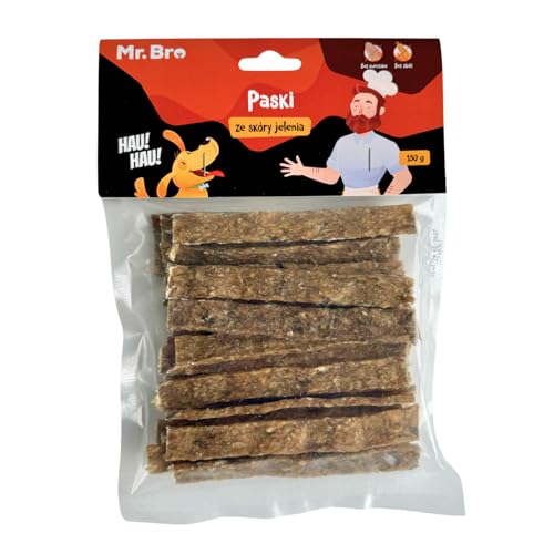 Mr. Bro Trockenfleischstreifen Hirschhaut 30 Stück 100% Natürliche Zutaten Hypoallergen Hochwertiger Protein Snack für Hunde Ideal für Zahnreinigung und als Belohnung von Mr. Bro