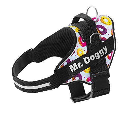 Personalisiertes Hundegeschirr - Reflektierendes und sicheres Hundegeschirr - Enthält 2 Namensschilder - Klein, Mittel und Groß - Qualität und Beständigkeit (L 20-35KG, Donuts) von Mr.Doggy