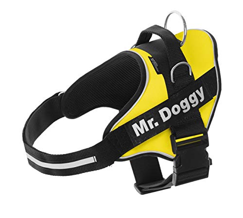 Personalisiertes Hundegeschirr - Reflektierendes und sicheres Hundegeschirr - Enthält 2 Namensschilder - Klein, Mittel und Groß - Qualität und Beständigkeit (XXL 40-75KG, Gelb) von Mr.Doggy