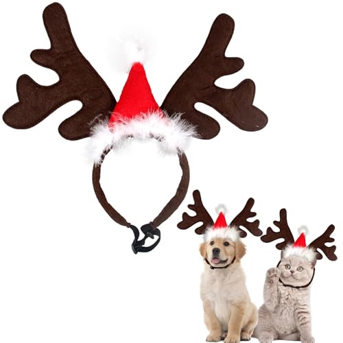 Mrracxy Weihnachten Haustier Stirnband, Hund Katze Rentier Geweih, Rentiergeweih Stirnband Elchgeweih Haarreif mit Weihnachtsmütze für Katze Hund Weihnachten Party Haarschmuck Cosplay Kostüm Zubehör von Mrracxy