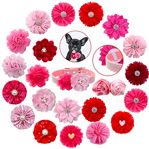 20 Stück Valentinstagsschleifen für Hunde mit Blume, für Halsbänder, Rosa / Rot von Mruq pet