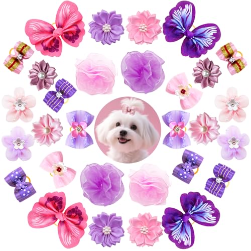30 x rosa Hundehaarschleifen mit Strass für kleine mittelgroße Hunde, Schmetterling, Hund, geknotete Schleifen, Blumen, Perlen, elastische Haargummis, Bänder für Welpen, Katzen, Kätzchen, Kaninchen von Mruq pet