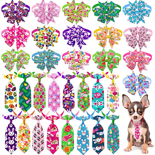 Mruq pet 24 Stück Happy Easter Eggs Pet Dog Bow Ties and Pet Dog Neck Ties, Bulk Adjustable Holiday Dog Collar Grooming Bunny Pattern Bow Ties, Dog Collar Bowties Neckties for Festival Dog Accessories von Mruq pet