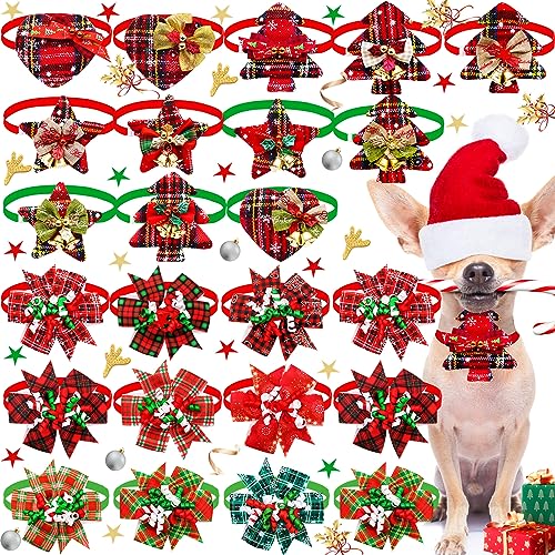 Mruq pet 24 Stück Weihnachts-Hundehalsband-Fliegen, größenverstellbar, rot kariert, Samll Hundehalsband, Fellpflege-Fliegen, Weihnachtsmuster, Hundefliegen mit lockigen Bändern für Urlaub, Festival, von Mruq pet