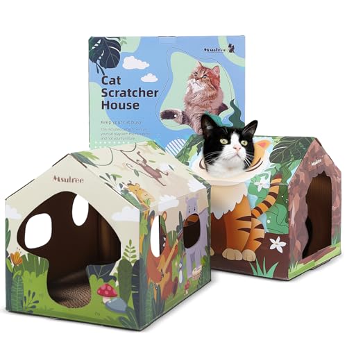 Katzenhaus aus Karton mit Kratzer/Katzenminze, Well-Kratzbox Katzenkratzspielzeug für Katzen Geburtstag, Versteck für Hasen Kleintiere von Msutree