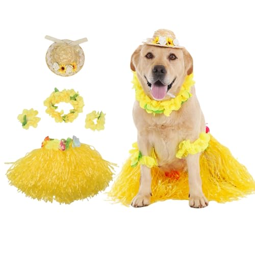 MuYaoPet Hawaii-Grasrock für Hunde mit Sonnenhut, Halloween-Kostüm, Sommer-Luau-Party-Outfit, Kleider für mittelgroße und große Hunde, 5 Stück MuYaoPet Hawaii-Grasrock für Hunde mit Sonnenhut, Halloween-Kostüm, Sommer-Luau-Party-Outfit, Kleider für mittelgroße und große Hunde, 5 Stück von MuYaoPet