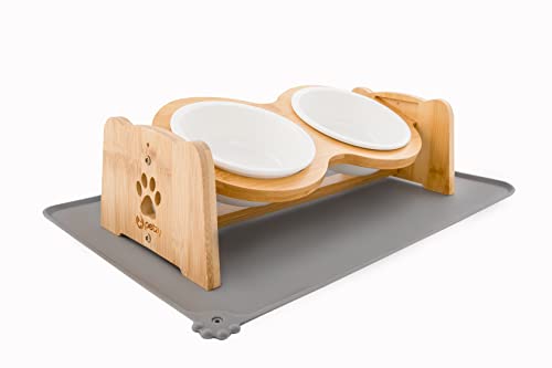 Petzy Premium Keramik-Hundenapf, höhenverstellbarer Katzennapf, 350 ml pro Napf. Ideal für kleine Hunde, mit Rutschfester Unterlage und Futternapf aus Bambus. Petzy Premium Keramik-Hundenapf, höhenverstellbarer Katzennapf, 350 ml pro Napf. Ideal für kleine Hunde, mit Rutschfester Unterlage und Futternapf aus Bambus. von Muawo