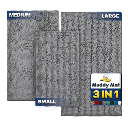 Muddy Mat® Hunde-Fußmatte und Haustierteppich, sehr saugfähig, Mikrofaser, rutschfest, dick, waschbar, weicher Chenille, für Küche, Badezimmer, Schlafzimmer und Außenbereich, Grau, Größe S, M und L, 3 von Muddy Mat