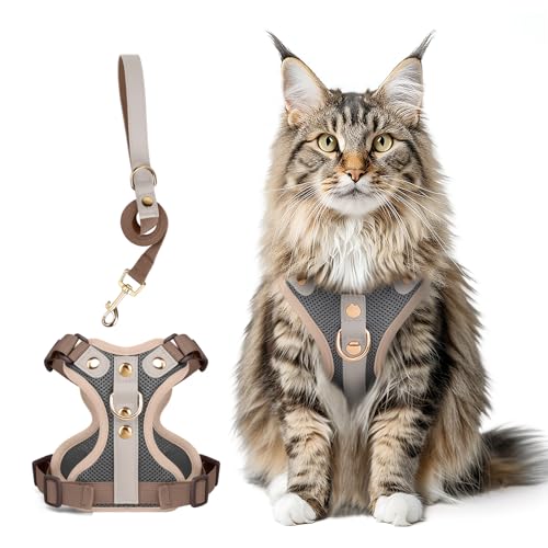 Muecleao Ausbruchsicheres Katzengeschirr und Leine, Premium-Mikrofaser-Lederbesatz, verstellbares reflektierendes Westengeschirr für Katzen, atmungsaktiv, kein Ziehen, Kätzchengeschirr mit weichem von Muecleao