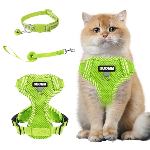 Muecleao Katzengeschirr mit Leine Ausbruchsicher, Katzenleine mit Geschirr für Katzen, Verstellbares Katzengeschirr Katzenhalsband mit Reflektierenden Streifen für Outdoor (Fluoreszierendes Grün, M) von Muecleao