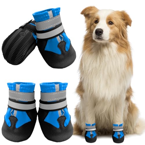 Muecleao Hundeschuhe Pfotenschutz, 4 Stück Wasserdicht Anti-Rutsch Hundestiefel mit Rutschfester Sohle und reflektierendem Klettverschluss, Schuhe für kleine, Mittlere und Große Hunde (Blue, XXL) von Muecleao