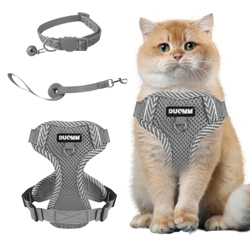 Muecleao Katzengeschirr mit Leine Ausbruchsicher, Katzenleine mit Geschirr für Katzen, Verstellbares Katzengeschirr Katzenhalsband mit Reflektierenden Streifen für Outdoor Training Gehen (Grau, M) von Muecleao