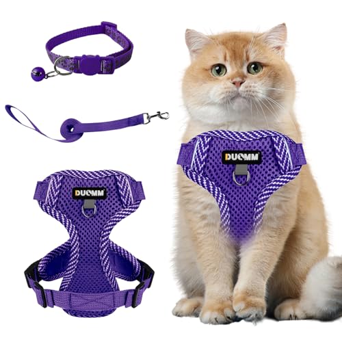 Muecleao Katzengeschirr mit Leine Ausbruchsicher, Katzenleine mit Geschirr für Katzen, Verstellbares Katzengeschirr Katzenhalsband mit Reflektierenden Streifen für Outdoor Training Gehen (Lila, M) von Muecleao