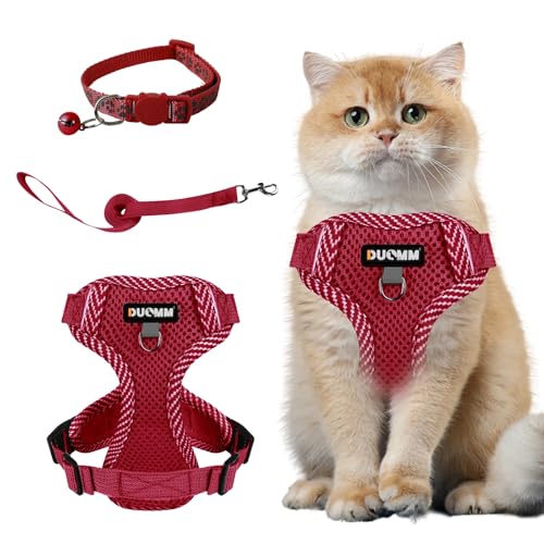 Muecleao Katzengeschirr mit Leine Ausbruchsicher, Katzenleine mit Geschirr für Katzen, Verstellbares Katzengeschirr Katzenhalsband mit Reflektierenden Streifen für Outdoor Training Gehen (Rot, L) von Muecleao