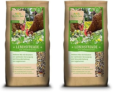 My Little Farm Lebensfreude Bio-Hühnerfutter, 2 kg, Vollkorn-Mix mit wertvollen Kräutern zur optimalen Versorgung und Gesunderhaltung von Legehennen und anderem Geflügel (Packung mit 2) von Mühldorfer My Little Farm