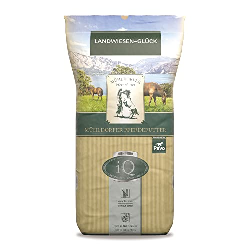 Mühldorfer iQ High-Fibre Landwiesen Glück - 12,5 kg - Getreidefreies Müsli - Natürliches Strukturfutter aus Wiesengräsern - Wertvollen vitalstoffen von Mühldorfer Pferdefutter