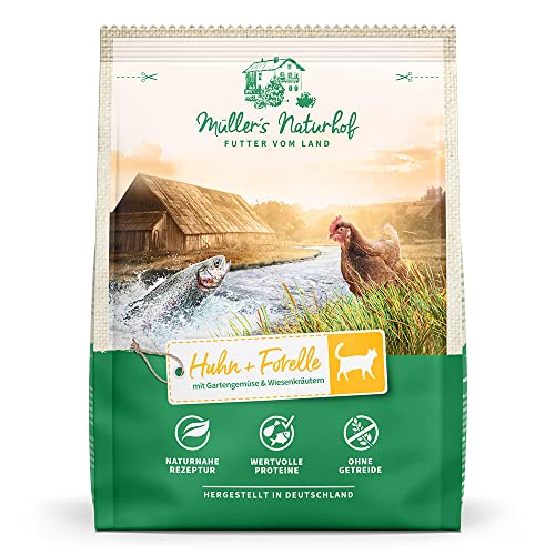 Müllers Naturhof - Huhn und Forelle - 6 x 400 g - Trockenfutter für alle Katzenrassen - Katzenfutter von Müller`s Naturhof FUTTER VOM LAND