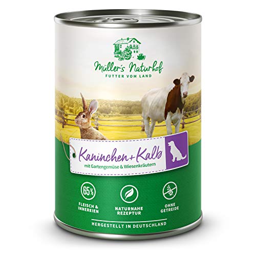 Müllers Naturhof - Kalb und Kaninchen - 6 x 400 g - Nassfutter für alle Hunderassen - getreidefrei und glutenfrei - mit Gartengemüse und Wiesenkräutern - naturnahe Rezeptur mit 65% Fleisch von Müller`s Naturhof FUTTER VOM LAND