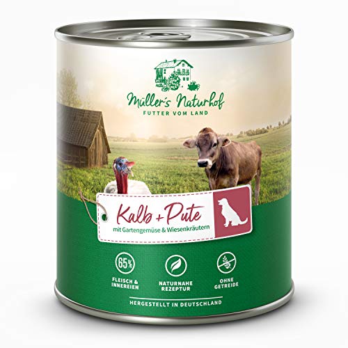 Müllers Naturhof - Kalb und Pute - 6 x 800 g - Nassfutter für alle Hunderassen - getreidefrei und glutenfrei - mit Gartengemüse und Wiesenkräutern - naturnahe Rezeptur mit 65% Fleisch von Müller`s Naturhof FUTTER VOM LAND