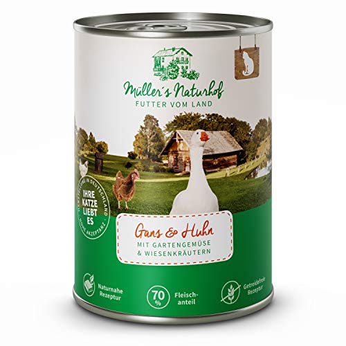 Müllers Naturhof - Nassfutter für Katzen - naturnahe Rezeptur - Gans & Huhn - 12 x 400 g - getreidefrei - 70% Fleischanteil - ohne Tierversuche, Zucker, Farb-, Aroma-, & Konservierungsstoffe von Müller`s Naturhof FUTTER VOM LAND