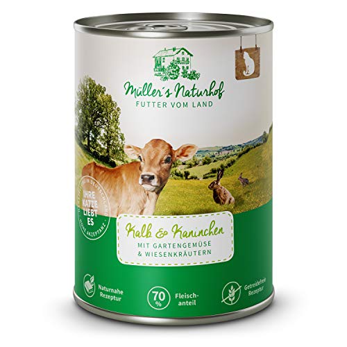 Müllers Naturhof - Nassfutter für Katzen - naturnahe Rezeptur - Kalb & Kaninchen - 12 x 400 g - getreidefrei - 70% Fleischanteil - ohne Tierversuche, Zucker, Farb-, Aroma-, & Konservierungsstoffe von Müller`s Naturhof FUTTER VOM LAND