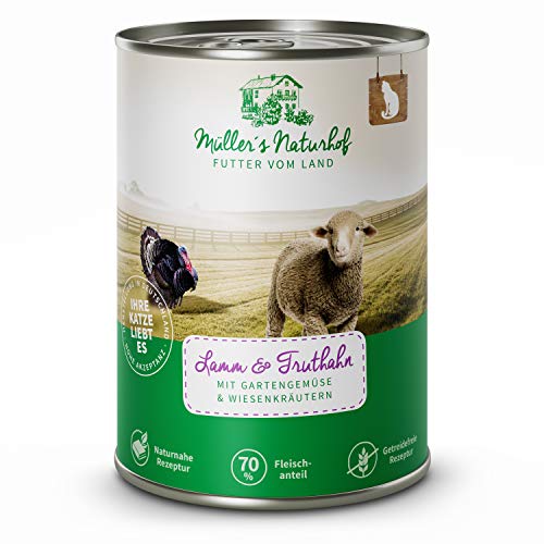 Müllers Naturhof - Nassfutter für Katzen - naturnahe Rezeptur - Lamm & Truthahn - 12 x 400 g - getreidefrei - 70% Fleischanteil - ohne Tierversuche, Zucker, Farb-, Aroma-, & Konservierungsstoffe von Müller`s Naturhof FUTTER VOM LAND