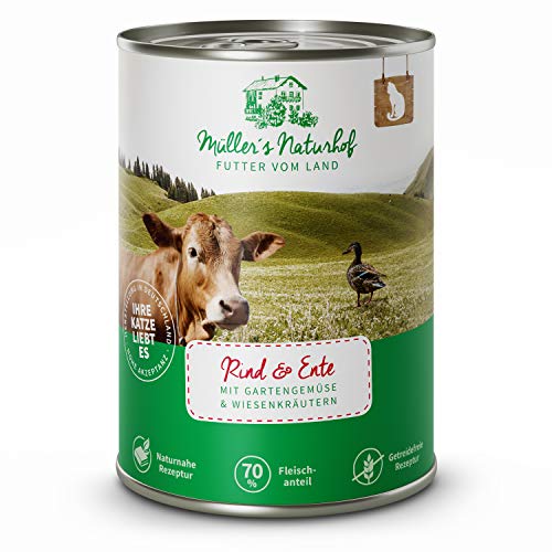 Müllers Naturhof - Nassfutter für Katzen - naturnahe Rezeptur - Rind & Ente - 12 x 400 g - getreidefrei - 70% Fleischanteil - ohne Tierversuche, Zucker, Farb-, Aroma-, & Konservierungsstoffe von Müller`s Naturhof FUTTER VOM LAND