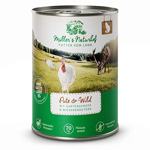 Müllers Naturhof - Nassfutter für Katzen - naturnahe Rezeptur - Wild & Pute - 12 x 400 g - getreidefrei - 70% Fleischanteil - ohne Tierversuche, Zucker, Farb-, Aroma-, & Konservierungsstoffe von Müller`s Naturhof FUTTER VOM LAND