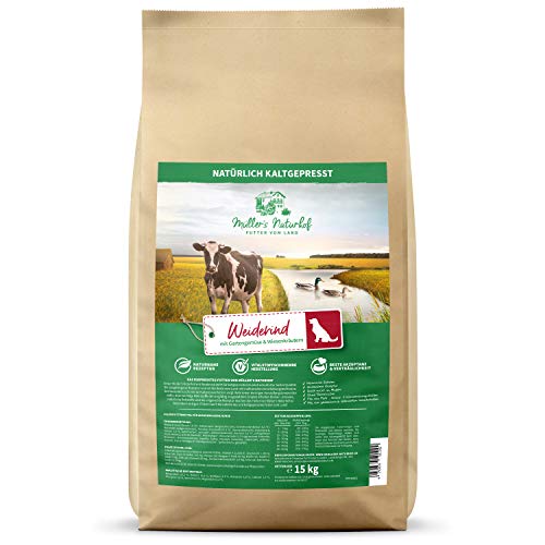 Müllers Naturhof - Weiderind - 15 kg - Ente & Forelle - Gartengemüse & Wiesenkräuter - Natürlich kaltgepresst - Trockenfutter für alle Hunderassen - Traditionell hergestellt von Müller`s Naturhof FUTTER VOM LAND