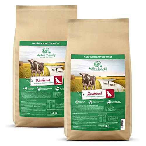 Müllers Naturhof - Weiderind - 2 x 15 kg - Gartengemüse & Wiesenkräuter - Natürlich kaltgepresst - Trockenfutter für alle Hunderassen - Traditionell hergestellt von Müller`s Naturhof FUTTER VOM LAND