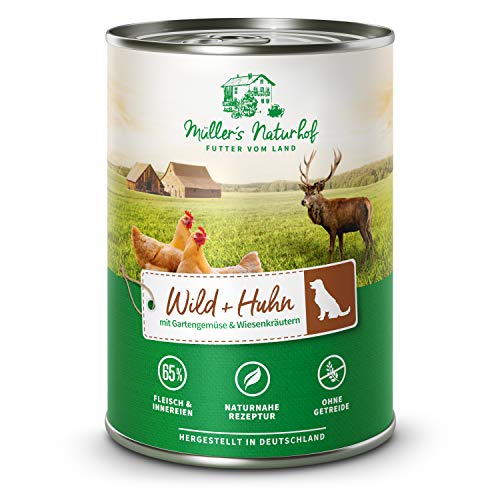 Müllers Naturhof - Wild und Huhn - 6 x 400 g - Nassfutter für alle Hunderassen - getreidefrei und glutenfrei - mit Gartengemüse und Wiesenkräutern - naturnahe Rezeptur mit 65% Fleisch von Müller`s Naturhof FUTTER VOM LAND