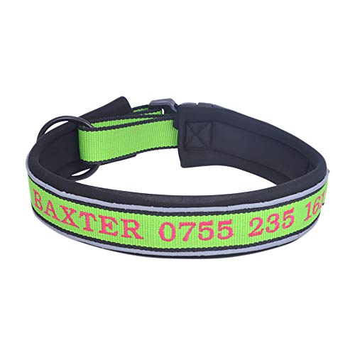 Muka Hundehalsband, reflektierend, bestickt mit Namen und Telefonnummer, verstellbare Größen, Grün von Muka