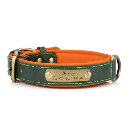 Muka Hundehalsband aus PU-Leder mit graviertem Namensschild, weich gepolstert, strapazierfähig, für kleine bis große Hunde, Grün, XL Muka Hundehalsband aus PU-Leder mit graviertem Namensschild, weich gepolstert, strapazierfähig, für kleine bis große Hunde, Grün, XL von Muka