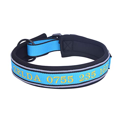Muka Personalisierbares reflektierendes Hundehalsband, bestickt mit Namen und Telefonnummer, verstellbare Größen, Blau - M von Muka