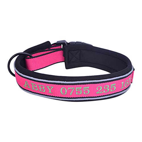 Muka Personalisiertes reflektierendes Hundehalsband, bestickt mit Namen und Telefonnummer, verstellbare Größen, Pink - L von Muka