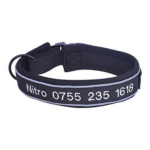 Muka Personalisiertes reflektierendes Hundehalsband, bestickt mit Namen und Telefonnummer, verstellbare Größen, Schwarz - XL von Muka