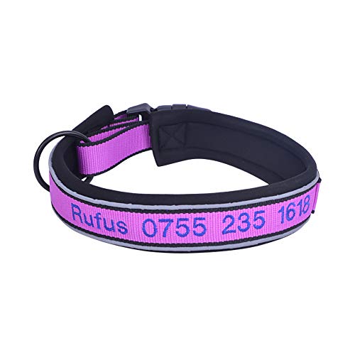 Muka Personalisiertes reflektierendes Hundehalsband, bestickt mit Namen und Telefonnummer, verstellbare Größen, Violett - XL von Muka