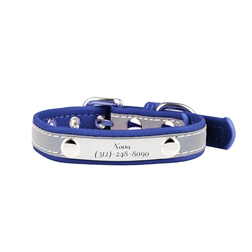 Muka Reflektierendes Hundehalsband für Katzen und Hunde, mit Namensschild, graviert, verstellbar, Polyurethan, langlebig, für Katze und Hund, Blau, Größe M von Muka