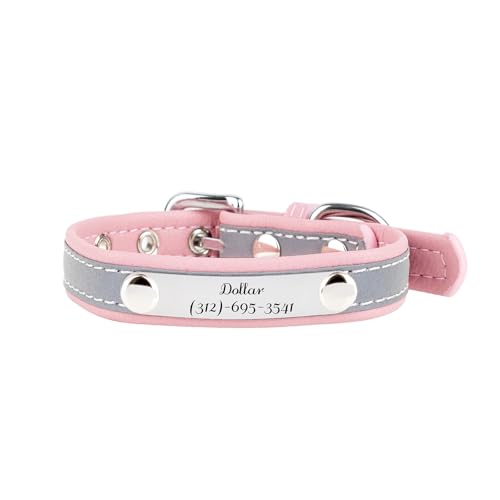 Muka Reflektierendes Katzen- und Hundehalsband mit Namensschild, graviert, verstellbar, Polyurethan, langlebig, für Katze und Hund, Rosa, Größe XL von Muka