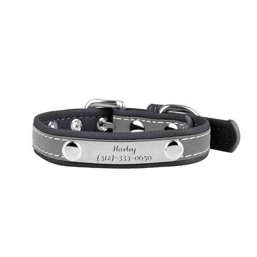 Muka Reflektierendes Katzen- und Hundehalsband mit Namensschild, graviert, verstellbar, Polyurethan, langlebig, für Katze und Hund, Schwarz, Größe XS von Muka