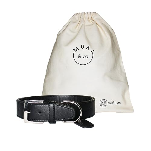 Muki & co ® Hochwertiges Hundehalsband aus veganem Leder - extra breit, komfortabel und pflegeleicht - Schwarz S-M 26-35 cm von Muki & co