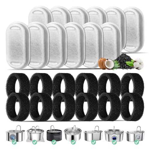 Katzenbrunnen Filter, 12-Pack Ersatzfilter für 108oz/3.2L Edelstahl Katzenbrunnen, 12 Stück Kohlefilter Und 12 Stück Schaumfilter Dreifach-Filterung Filter für 2L Trinkbrunnen für Katzen und Hunde von Mukkela