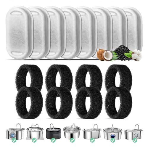 Katzenbrunnen Filter, 8-Pack Ersatzfilter für 108oz/3.2L Edelstahl Katzenbrunnen, 8 Stück Kohlefilter Und 8 Stück Schaumfilter Dreifach-Filterung Filter für 67oz/2L Trinkbrunnen für Katzen und Hunde von Mukkela