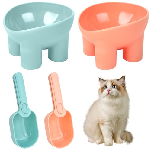 Mulaibdin 2 STK Katzennapf, Futternapf Katze Erhöht, Katzennäpfe Set mit Futterschaufel, Erhöhter Katzennapf Rosa/Blau, 15°Neigung Wassernapf Katze Plastik, Napf Katzen rutschfest von Mulaibdin