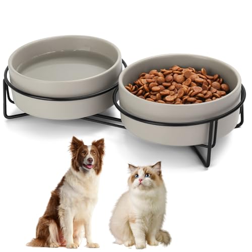 Keramik-Napf-Set für Hunde und Katzen, mit Ständer, 3,6 Tassen, Futter- und Wassernapf, geeignet für kleine und mittelgroße Haustiere (813 ml, Grau) von MultiOutools