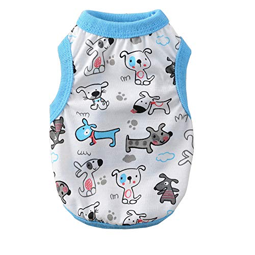 Mummumi Haustierweste, süßes Hunde-T-Shirt, Sommermotiv, Baumwolle, weich, atmungsaktiv, für kleine Katzen und Hunde, M---Back Length 27cm, Sky blue happy dog von Mummumi