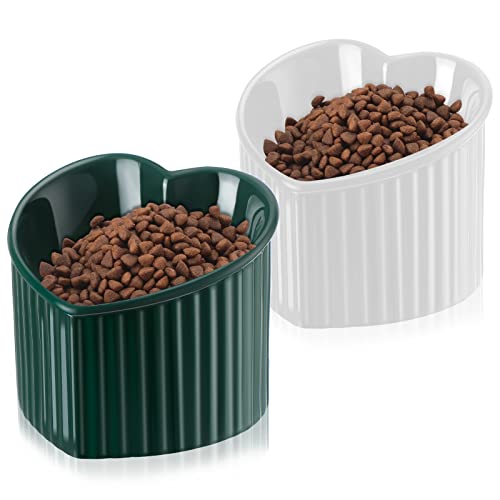 2 Pcs Ceramic Elevated Cat Bowls Tilted Elevated Raised Cat Bowls Anti Erbrochenes Cat Bowls for Indoor Cats Stress Free Water Dish Feeder for Cats Small Dogs, Heart Shaped (Pearly White, Peacock von Mumufy