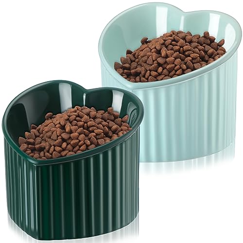 2 Stück Keramik-Katzennäpfe geneigt, erhöht, erhöhte Katzennäpfe, Anti-Erbrochenes, Katzennäpfe für Indoor-Katzen, stressfrei, Wassernapf für Katzen, kleine Hunde, herzförmig (Macaronblau, Pfauengrün) von Mumufy